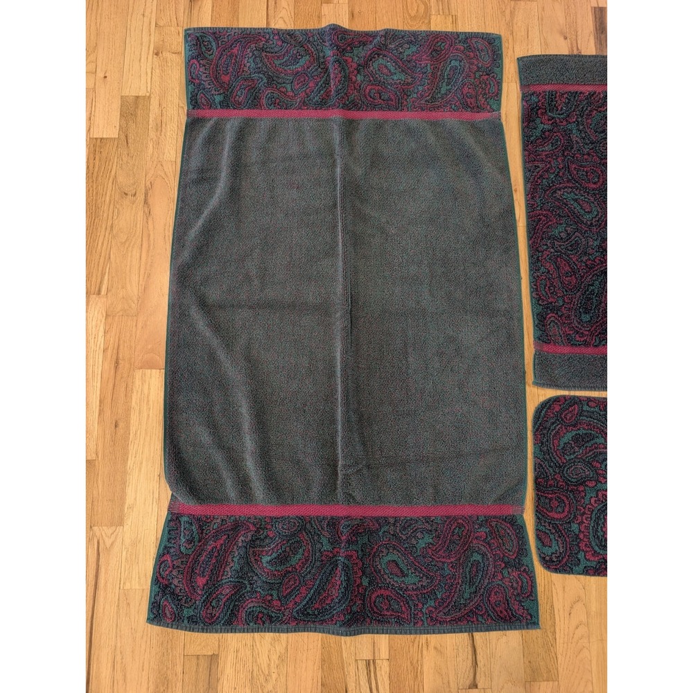 VTG Fieldcrest Royal Velvet Towel Set Paisley Green Burgundy Bath Hand Washcloth - Picture 3 of 11